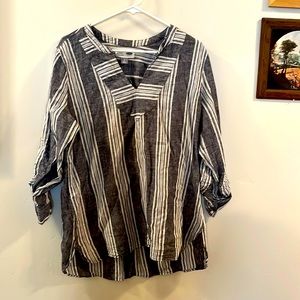 Women’s Long Sleeved Tunic, Linen, Stripes, V Neck, Gray, Dark Gray